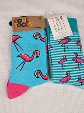 Colorful Flamingo Lot of 2 Cool Socks Two Left Feet Womens 5.5-9.5 Teal Blue Pin